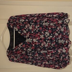 Ann Taylor Floral V-Neck Blouse - Pink, Black, and White